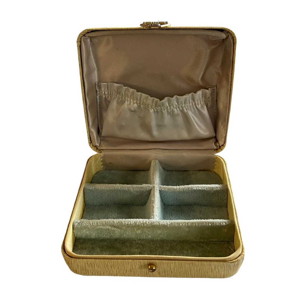 Jewelry Travel Case Trinket Metal Box Lid 5 Sections Satin and Velvet Lined Vtg
